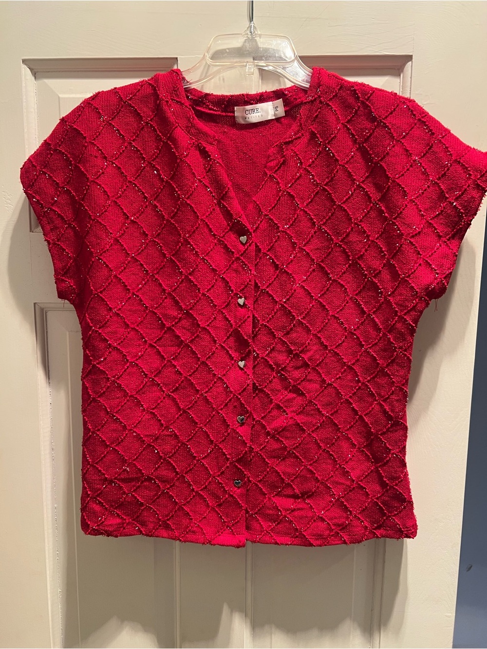 Cure Petites Red V-Neck Diamond Knit Short Sleeve Button Cardigan Sweater PS